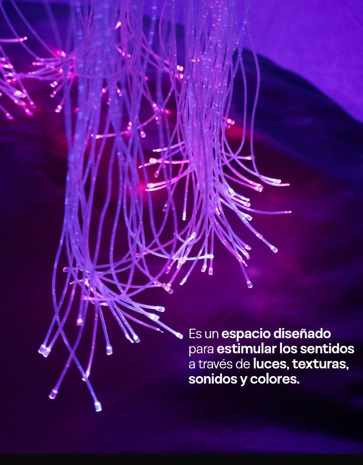 Primer plano de la cortina de fibra óptica iluminada en tonos violeta y rosa. Texto en la imagen: es un espacio diseñado para estimular los sentidos a través de luces, texturas, sonidos y colores.